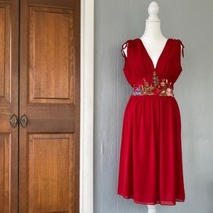 DKNY Red V-neck and back sleeveless embroidered 100% silk dress